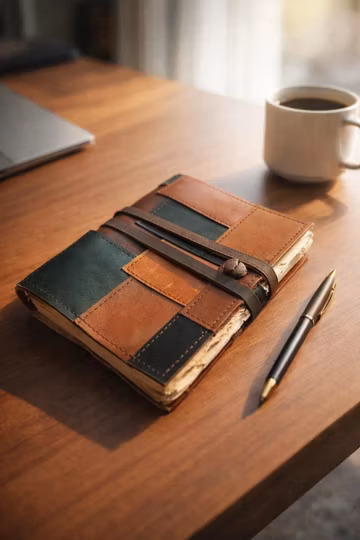 Handmade Leather Patchwork Journal, Vintage Deckle Edge Notebook, Wrap Closure