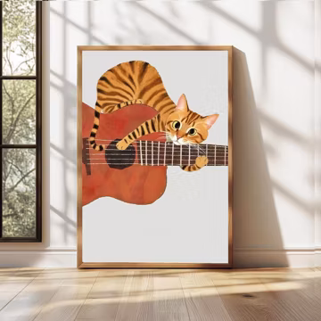Cute Cat on Guitar Wall Art Print,Whimsical Animal Illustration,Funny Music Poster,Quirky Animal Home Decor,Gift for Cat Lovers or Musicians