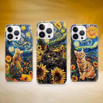 Van Gogh Inspired Phone Case Starry Night Cat Cover Fit for iPhone 17 Pro Max 16 15 14 13 12 13 11 Samsung S25 S24 S23 FE A56 A16 Huawei P30