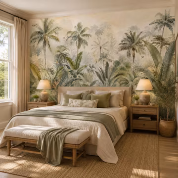 Vintage Tropical Jungle Wall Mural, Palm Tree Peel and Stick Canvas Wallpaper for Bedroom