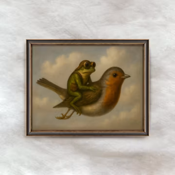Vintage Frog Riding Bird Painting | Antique Whimsical Home Decor | Fantasy Animal Wall Art | Digital Download