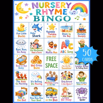 Nursery Rhyme Bingo Printable; Kids Song Bingo; Baby Songs Bingo; Baby Shower Games; Birthday Party; Calling Cards and Playlist Included