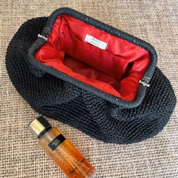 Handmade Crochet Raffia Clutch I Black Boho Evening Bag I Valentine's Day Gift
