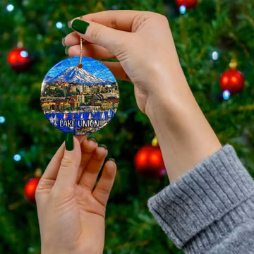 Custom Lake Union Washington Ornament |Faux Stained Glass |Unique PNW Souvenir |Vacation Travel Gift |Personalized Holiday |Christmas Decor