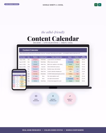 ADHD Content Calendar for Social Media Managers | Google Sheets & Excel Planner | Idea Bank + Auto-Color Status | Digital Download