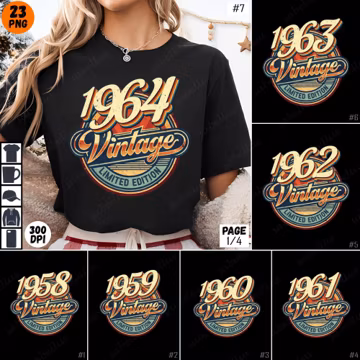 Vintage Birthday PNG, Birth Year Design Bundle, Retro Limited Edition Shirts, Custom Age Tshirt, PNG Sublimation Files, 1958-1982 Graphics