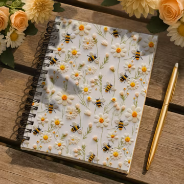 Faux Embroidery Floral Bumblebee Spiral Notebook, Printed Embroidered Bee Design Lined Note Book Journal