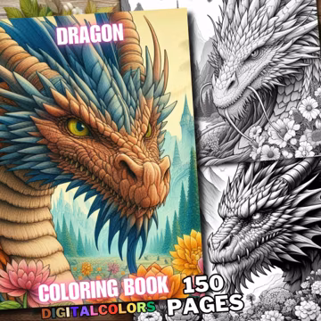 150 dragon coloring, dragon coloring pages, dragon coloring book floral print, Quality grayscale designs for adults and kids & stress relief
