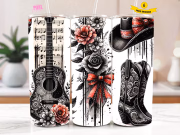 Country Cowgirl Tumbler Wrap PNG, Western Boots Hat Png, Guitar Floral Design, Country music 20 oz Skinny Sublimation Wrap Digital Download