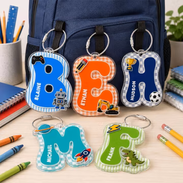 Custom Initial Letter Backpack Name Tags for Boys: Striped Checkered Kids Keychain with Charm, Back To School Gifts for Son, Lunch Box Tag