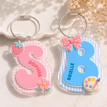 Custom Initial Letter Backpack Name Tag for Girls: Colorful Gingham Kids Name Keychain with Charm, Cute Back To School Gift for Daughter