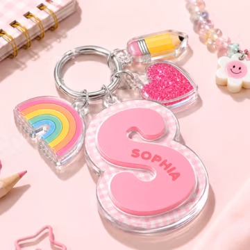 Custom Girls Initial Letter Backpack Keychain with Charm: Colorful Gingham Alphabet Kids Name Tags, Cute Back To School Gift for Daughter