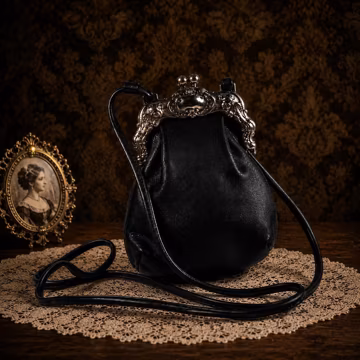 Vintage Brighton One World Black Leather Kiss Lock Crossbody Purse Ornate Frame Evening Bag