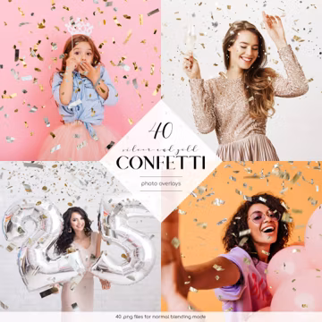 Realistic Confetti Overlays, Silver and Gold, 40 PNG Files, Confetti Photo Overlays, Festive Effects, Free Commercial Use