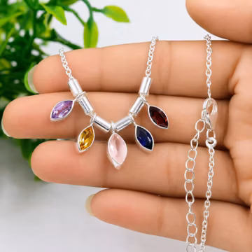 Marquise Gemstone Leaf Necklace, 925 Silver with Citrine, Amethyst, Rose Quartz, Blue Sapphire, and Garnet, Handmade Jewelry Gift for Her