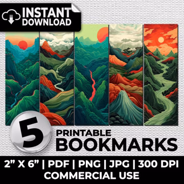 Green Mountains Bookmark Sublimation Whimsical Bookmarks Ephemera Printable Bookmarks Set Journal Romantic Digital Download Scrapbooking