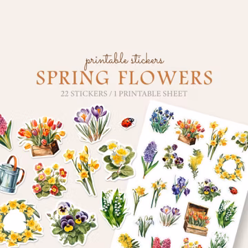 Spring Flowers Printable Stickers Sheet, Cricut & Silhouette, Watercolor PNG JPG ( Digital Download)