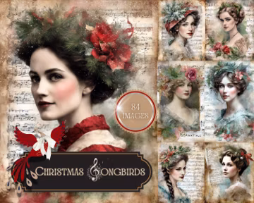 Christmas Songbird Junk Journal Images, Vintage Portraits (Digital Download)