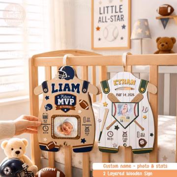 Personalized Sports Baby Milestone Wooden Sign, Custom Nursery Decor, Football Baseball Basketball Soccer Stats Decor, Newborn Keepsake Gift