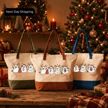 Christmas Ghost Tote Bag: Festive Holiday Canvas Totebag with zipper and inner pocket