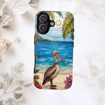 Beach pelican phonecase, iPhone 17 16 15 14 13 12 11, Google Pixel Samsung phone case, beach lover phone gifts, pelican lover case cover