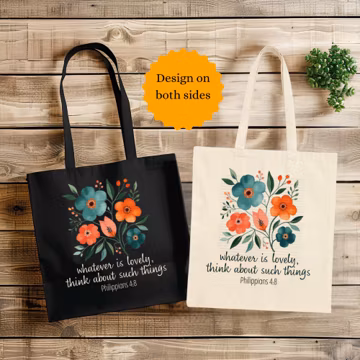 Philippians 4:8 christian tote bag, floral bible verse reusable tote, shopping bag, everyday totes, christian gifts for her, book tote bags