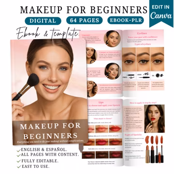 Makeup for Beginners eBook: Step-by-Step Guide, Canva Template (PLR),makeup artist,beauty guide,makeup tutorial,makeup ebook,modern ebook