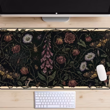Gothic Botanical Desk Mat, Death's Head Moth Mouse Pad, Dark Whimsigoth XL Gaming Mat, Spooky Cottagecore Thorns Office Decor, Moody Plants