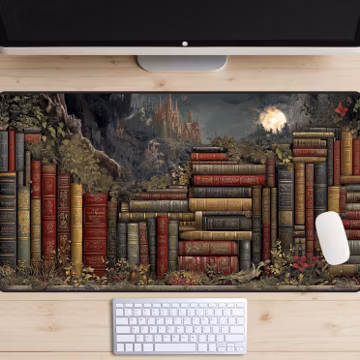 Fantasy Books Desk Mat, Fantasy Book Reader Desk Pad, Dark Academia Desk Topper, Stacks of Books Mousepad, Magical Woodlands Laptop Mat