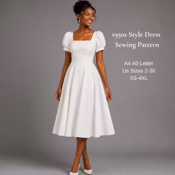 1950s Puff Sleeve Dress Sewing Pattern PDF | Square Neck Vintage Dress | Fit and Flare Midi Dress | XS-4XL | A4 A0 US Letter