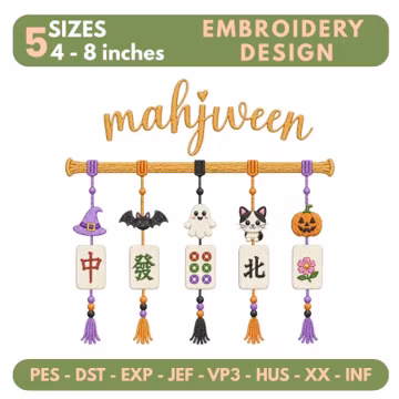 Mahjween Embroidery Design, Spooky Mahjong Machine Embroidery, Cute Spooky Mahjong Tiles with Ghost, Cat, Bat & Pumpkin Machine Embroidery