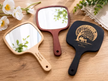 Large Personalised Beechwood Hand Mirror, Custom Engraved Square Wooden Vanity Mirror with Floral & Messages