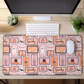 Pink Halloween Desk Mat, Cute Spooky Desk Pad, Coquette Halloween Mouse Pad, Ghost Pumpkin Black Cat Mat, Kawaii Witchy Office Decor Gift