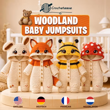 Woodland Baby Jumpsuits Crochet Pattern Bundle | 4 Baby Romper Patterns | Fox Bunny Honey Bee Mushroom Bear | PDF