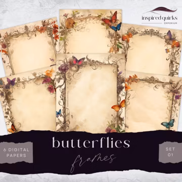 Butterflies And Flowers Border Pages, Floral Frame, Junk Journal Paper, 6 Digital Collage Sheet, Paper Craft, Scrapbooking Meadow Background