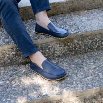 Men's Handmade Leather Barefoot Loafers: Navy Blue Grounding Shoes