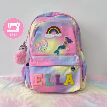 Custom Rainbow Backpack with Chenille Letter and Patch, Name Rainbow Backpack Birthday Gift For Kids with Unicorn, Back to School Bags
