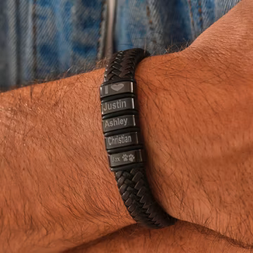 Personalized Mens Bracelet, Handmade Leather Beaded Jewelry with Kids Names, Fathers Day, Christmas Birthday Gifts For Him Dad Kid Boyfriend