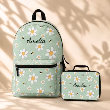 Personalized Floral Backpack Lunchbox Set Teen Girl Retro Backpack Kids Backpack School Bag Laptop Bag Adjustable Strap Daisy Print Custom