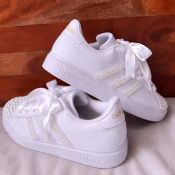 All White | Pearl Embellished Adidas with White Satin Shoe Laces (JUST PEARLS)