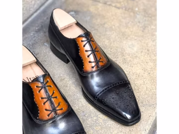 Handmade Leather Oxford Wingtip Shoes: Black Patina Bespoke Style