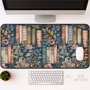 Floral Books Desk Mat - Book Lover Mousepad, Cute & Trendy Workspace, Reading Desk Pad, Aesthetic Desk Accessory, Reader's Home Decor