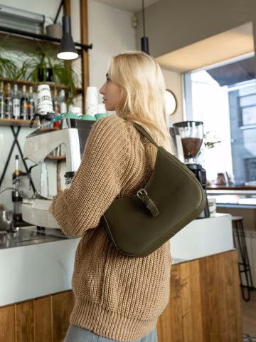 Small leather shoulder purse, olive green women crescent bag, half moon handbag for wife