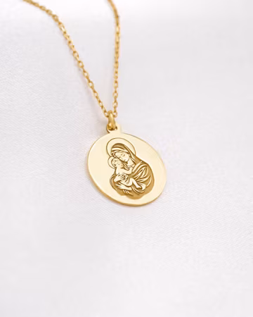 14k Solid Gold Virgin Mary Necklace, Madonna and Child Medallion, Catholic Gift for Her, Minimal Faith Jewelry, Free Engraving