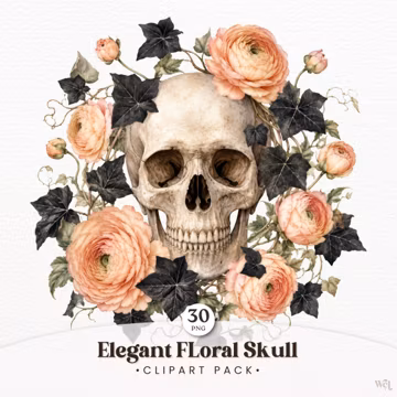 Watercolor Floral Skull Clipart PNG, Victorian Skull and Flowers Graphics, Elegant Gothic Human Skull PNG, Junk Journal, Paper Craft
