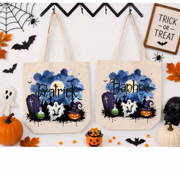 Personalized Halloween Tote Bag, Custom Trick or Treat Bag, Kids Halloween Canvas Tote, Personalized Candy Bag, Spooky Halloween Gift
