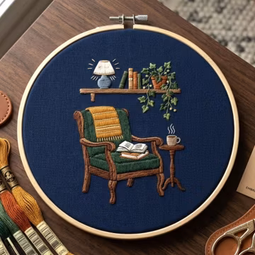 Cozy Reading Nook Embroidery Pattern, Book Lover Chair Hoop Art (Digital Download)