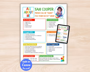 All About Me Autism, ADHD, Neurodivergent Kid, Editable Special Needs All About My Child, Student Info for School Teachers, Caregivers, IEPs