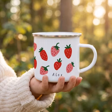 Personalised Kids Strawberry Enamel Mug, Custom Name Berry Camping Cup