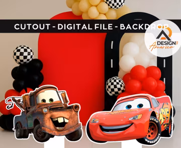 Printable Lightning McQueen and Mater cutout from Cars, ideal for party decorations, birthdays, or as a standee prop. Digital download.